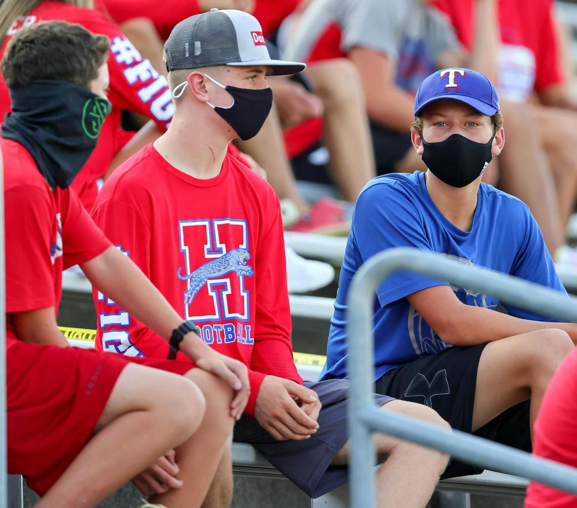 Some students at the the Wichita Falls Hirschi, Midlothian Heritage High School football wear their mask, Friday night, August 28, 2020 played at Midlothian ISD Multi-Purpose Stadium in Midlothian, TX.