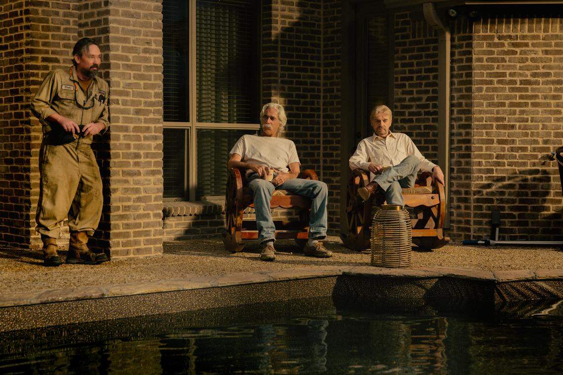 James Jordan as Dale, Sam Elliott as T.L. and Billy Bob Thornton as Tommy in “Landman” Episode 10, Season 2, streaming on Paramount+.