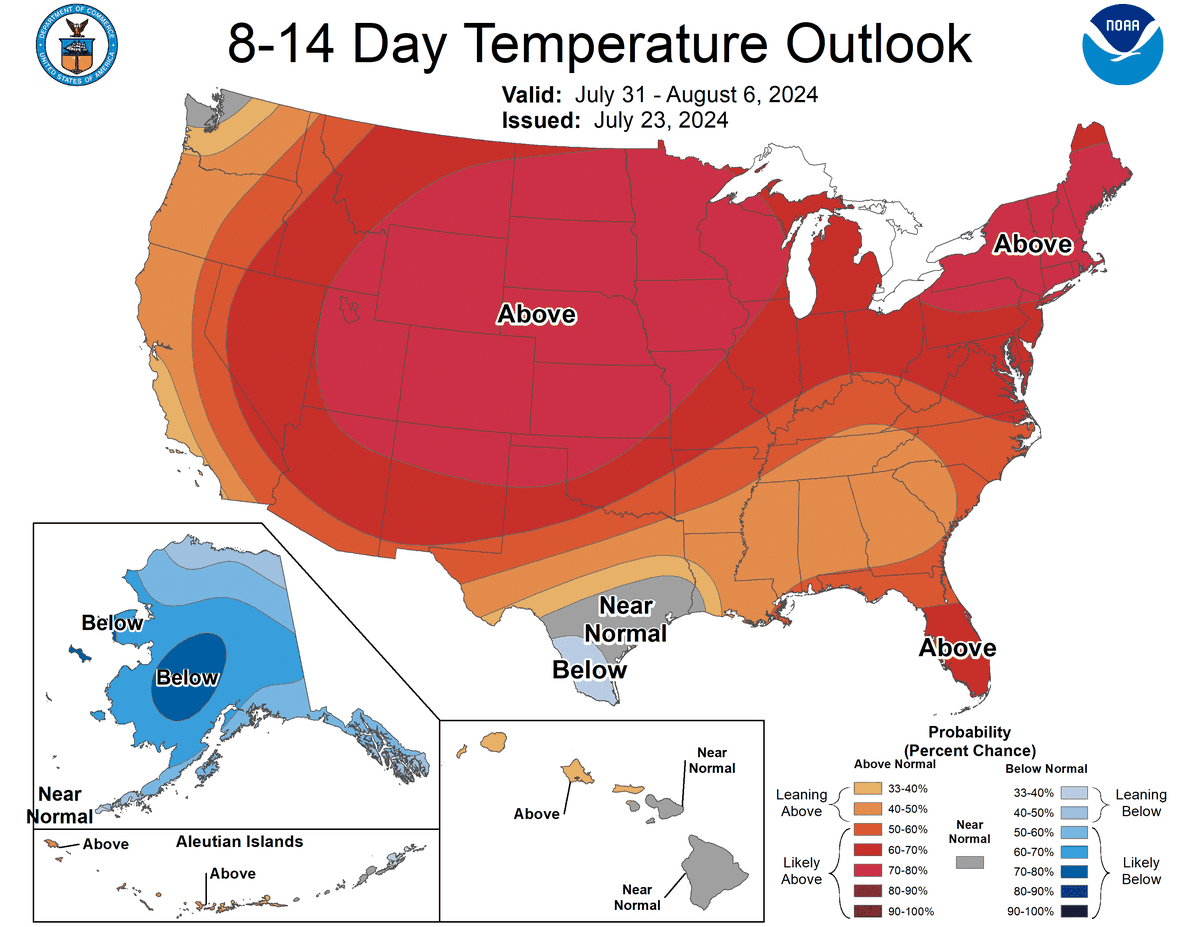 The 8-14 day temperature outlook from the Climate Prediction Center.