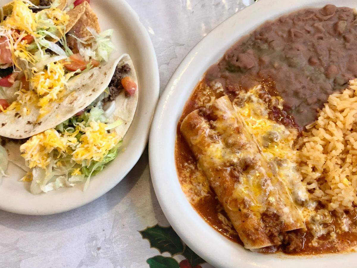 The all-you-can-eat lunch and weekend dinner at Bigotes in Arlington, seen Sept. 30, 2019, starts with two enchiladas and two tacos. That’s only the beginning.