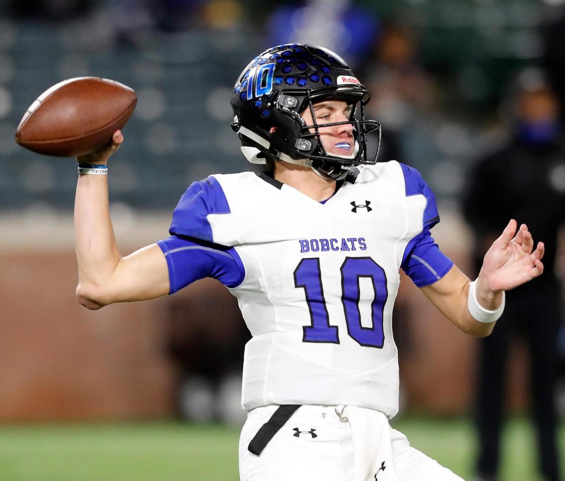 Byron Nelson quarterback Jake Wilson (10) tosses a completion down field during a high school 6A Division 2 bi-district football playoff game at Globe Life Park in Arlington, Texas, Friday, Dec. 11, 2020. North Crowley defeated Byron Nelson 23-16. (Special to the Star-Telegram Bob Booth)