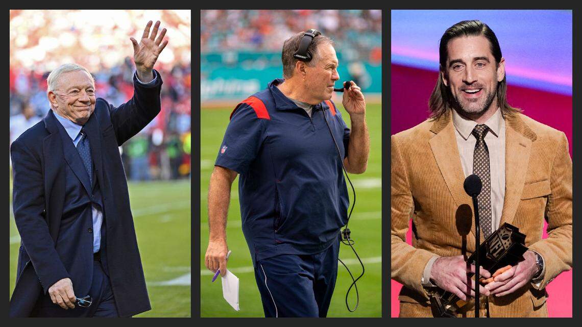 The most-hated person affiliated with the NFL? Players, coaches, owners and even family members made the top 20, including, Dallas Cowboys owner Jerry Jones, left, Patriots coach Bill Belichick, and Packers quarterback Aaron Rodgers.