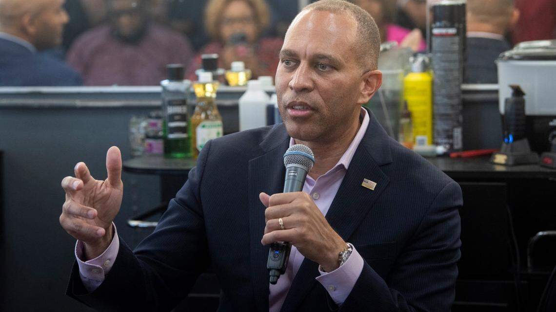 U.S. Rep. Hakeem Jeffries speaks during a barbershop talk at Heritage Barbershop in Montgomery, Ala., on Thursday, Oct. 31, 2024.