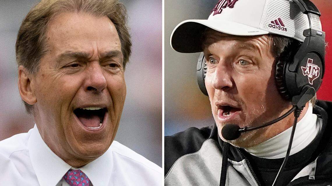 Texas A&M coach Jimbo Fisher, right, called Nick Saban a “narcissist” on Thursday after the Alabama coach made comments about the Aggies using name, image and likeness deals to land their top-ranked recruiting classes.
