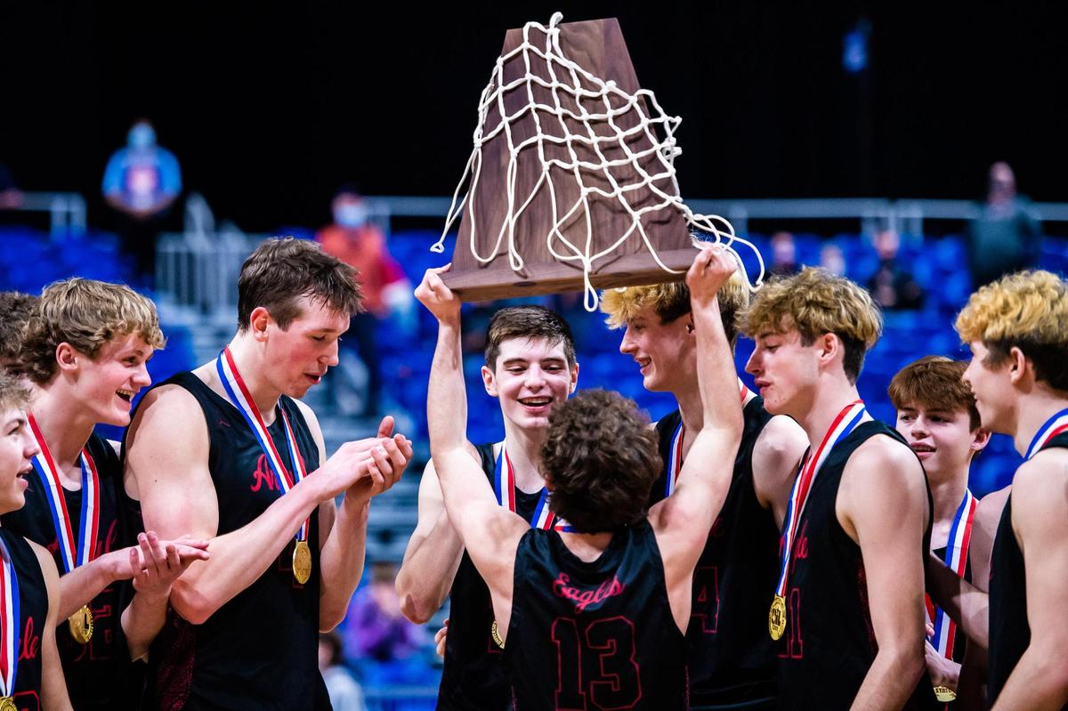 The Argyle Eagles celebrate a 49-30 win over Huffman Hargrave in the 4A state final at the Alamodome in San Antonio Texas, on March 13, 2021. (Photo by Matt Smith. Special to the Star-Telegram).