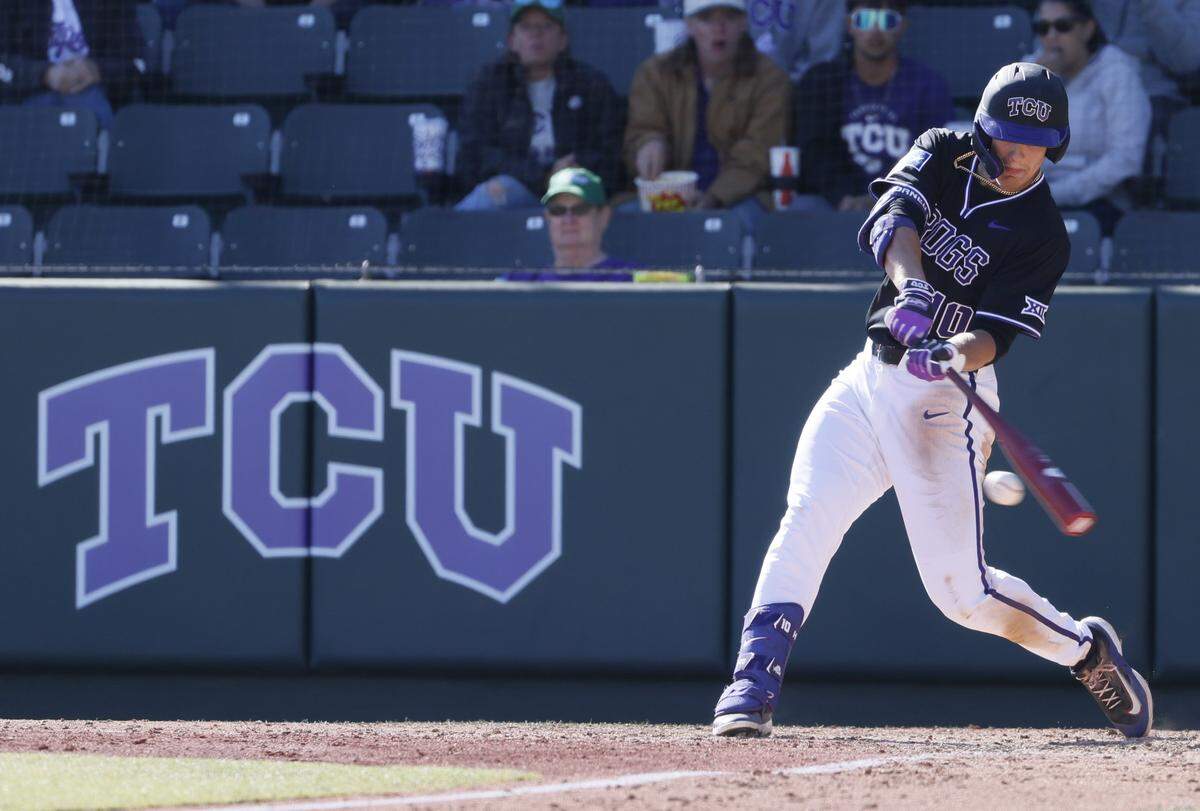 TCU outfielder Sawyer Strosnider (10) connects for a grand slam against New Mexico State in the sixth inning during an NCAA baseball game at Lupton Field at TCU in Fort Worth, Texas, Tuesday, March, 17, 2026.