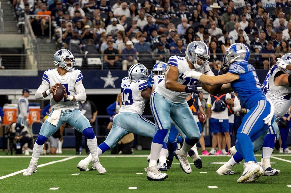 Dallas Cowboys quarterback Dak Prescott looks to pass during their game against the Detroit Lions at the AT&T Stadium in Arlington on Sunday, Oct. 23, 2022.