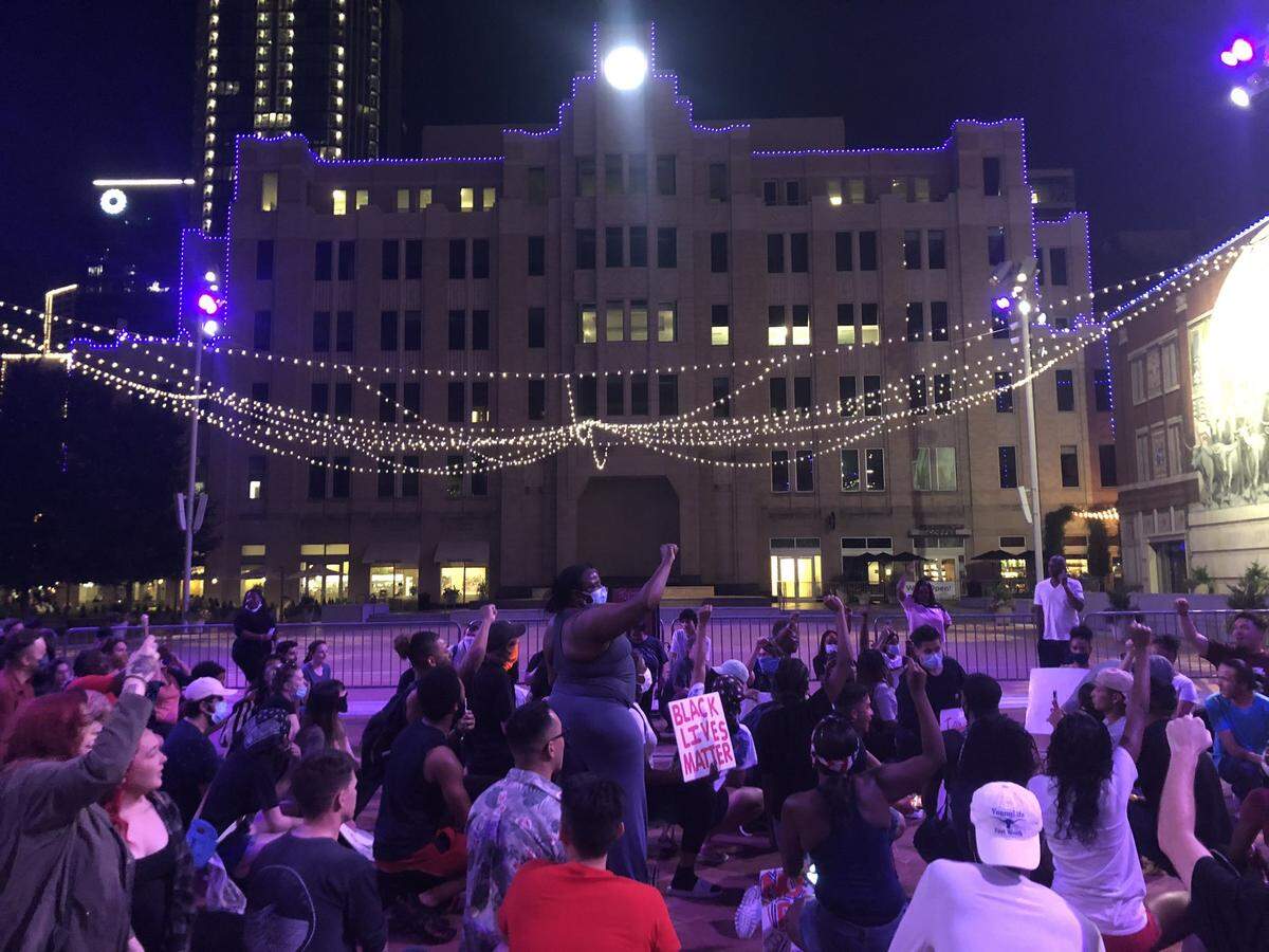 A crowd protesting police brutality gathers in downtown Fort Worth on Saturday night, May 30, 2020.