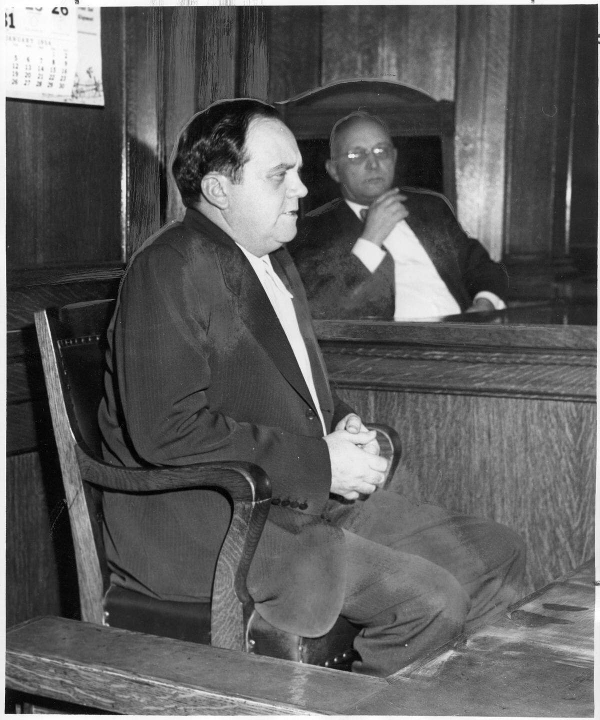 Benny Binion, former Dallas policy racketeer and Las Vegas casino owner, takes the witness stand in Dallas on Dec. 17, 1953, before Judge Henry King. He pleaded guilty to one count of an eight-count indictment related to gambling that netted $1 million a year in Dallas. 