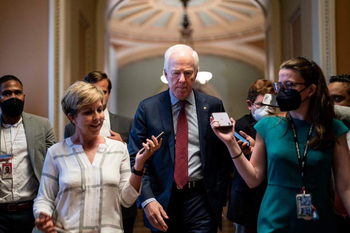 U.S. Sen. John Cornyn, R-Texas, talks with reporters following party policy luncheons on Capitol Hill on Tuesday, June 7, 2022, in Washington, D.C. Cornyn and Sen. Chris Murphy, D-Conn., are heading up a committee in an effort to come up with some gun safety legislation out of the Senate. (Kent Nishimura/Los Angeles Times/TNS)