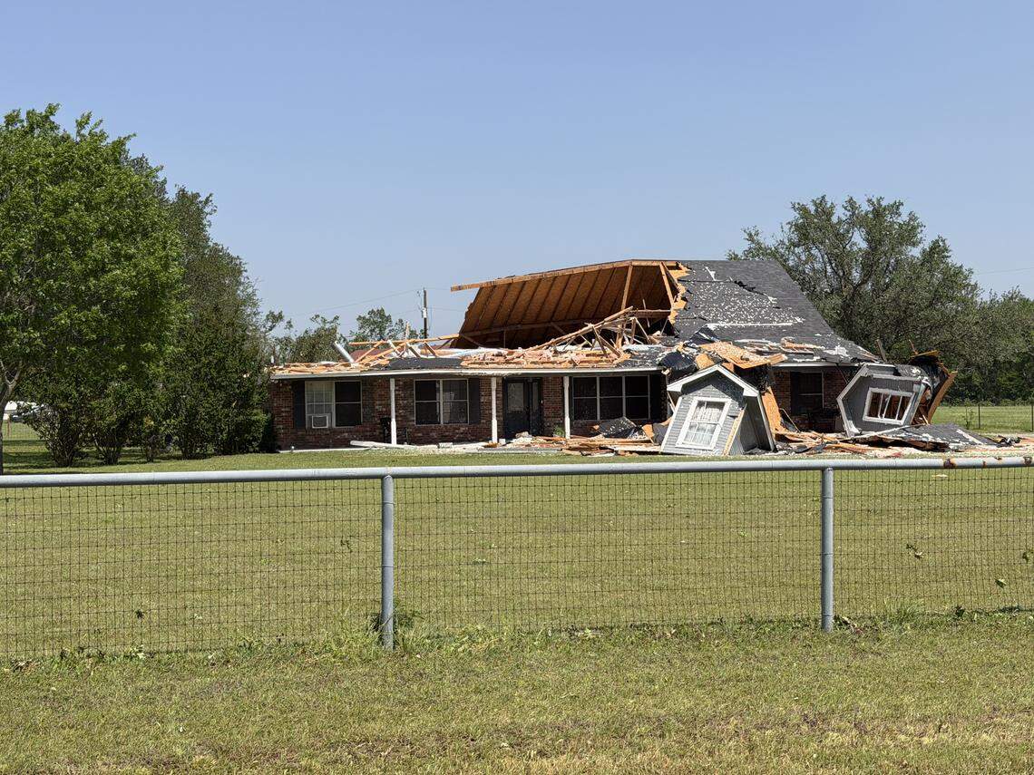 Severe damage to a house on Woody Creek Drive in Springtown on Monday, April 27, 2026, following an EF-1 tornado on Saturday, April 25, 2026.