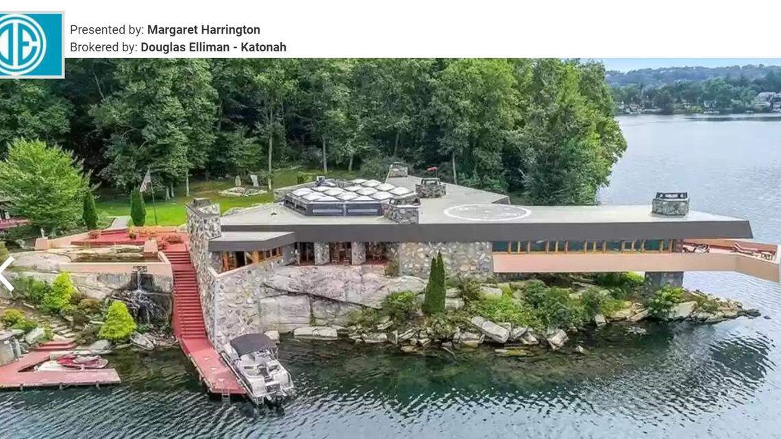 Two homes, a main residence and a guest house, designed by famous architect Frank Lloyd Wright list on a private island in Carmel, New York, for $9.5 million.