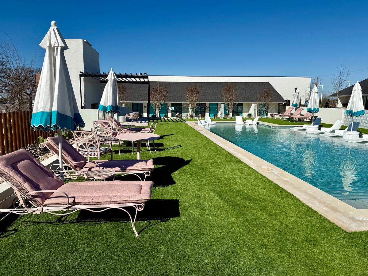The swimming pool at the Interstate Inn, a newly restored motor court hotel in Stephenville, Texas.