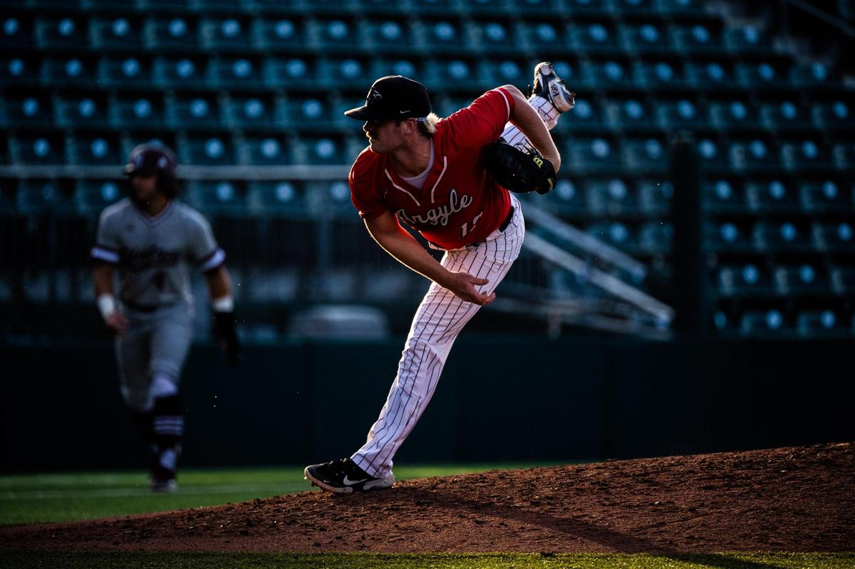 Trevor Duck pitches on the during the 4A UIL baseball state final between Argyle and Sinton at on June 09, 2022.