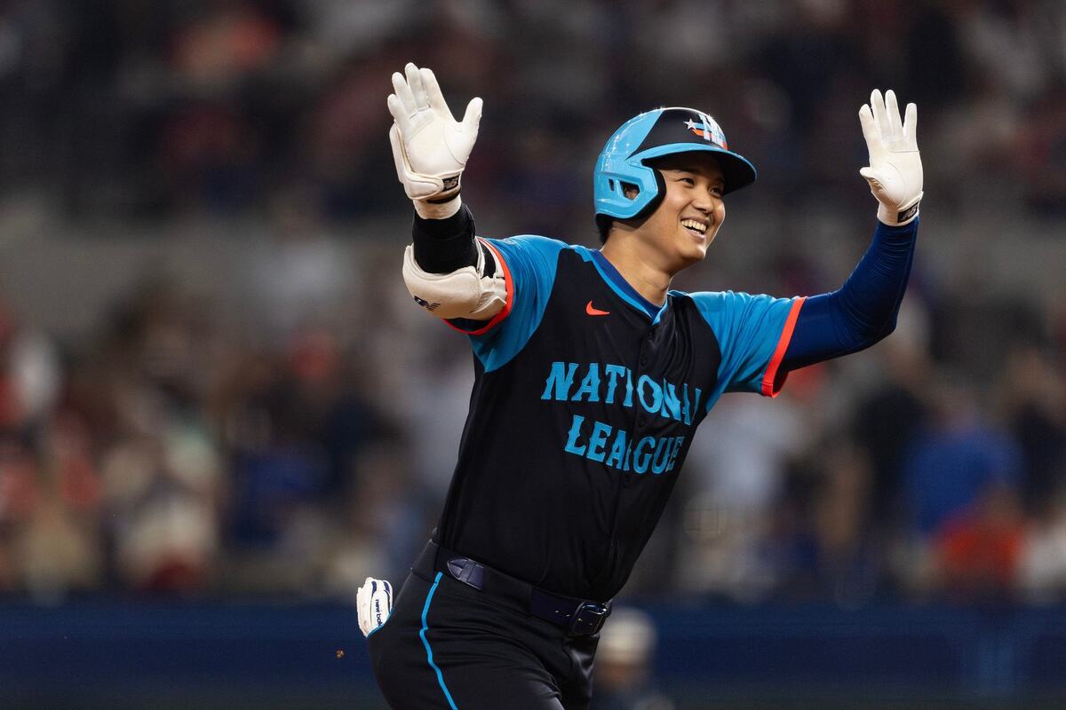 Los Angeles Dodgers designated hitter Shohei Ohtani celebrates after hitting a home run in the second inning of the MLB All Star Game at Globe Life Field in Arlington on Tuesday July 16, 2024.