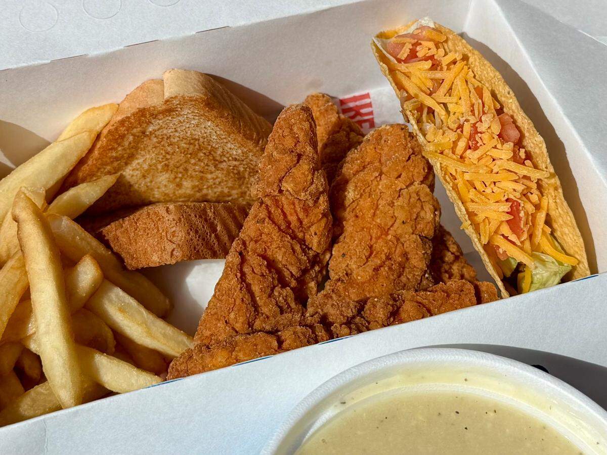 A Dairy Queen country basket with spicy chicken fingers, a crispy beef taco and chicken and dumplings (below), as seen in south Burleson Feb. 22, 2025.