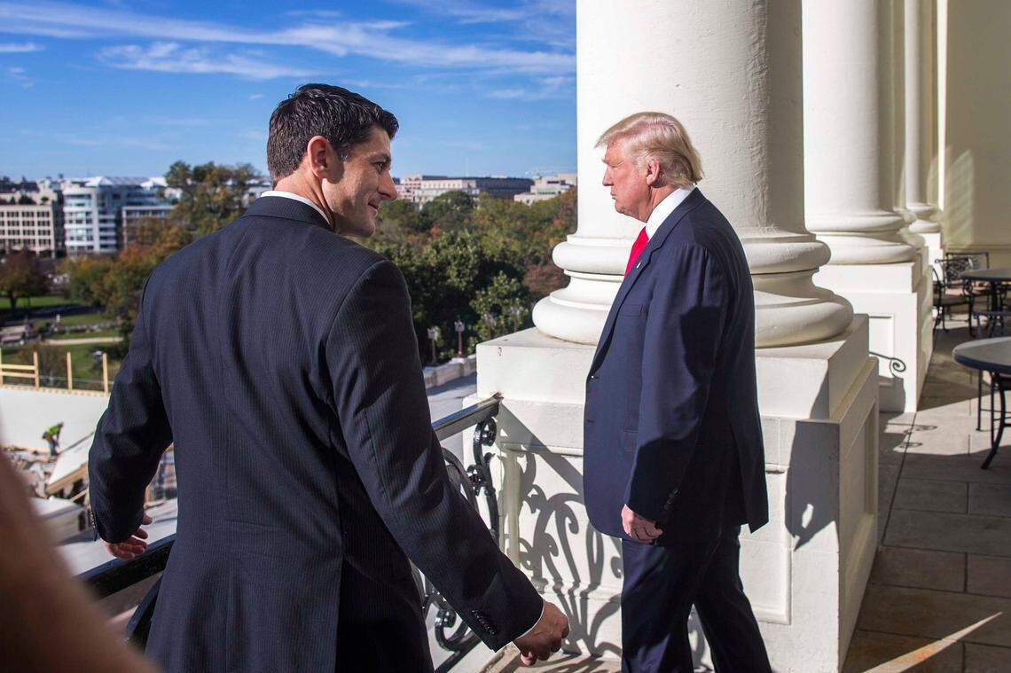 House Speaker Paul Ryan escorts President-elect Donald Trump onto the Speaker’s Balcony, at the Capitol building in Washington, Nov. 10, 2016. Trump saw preparations already being made for the inauguration.