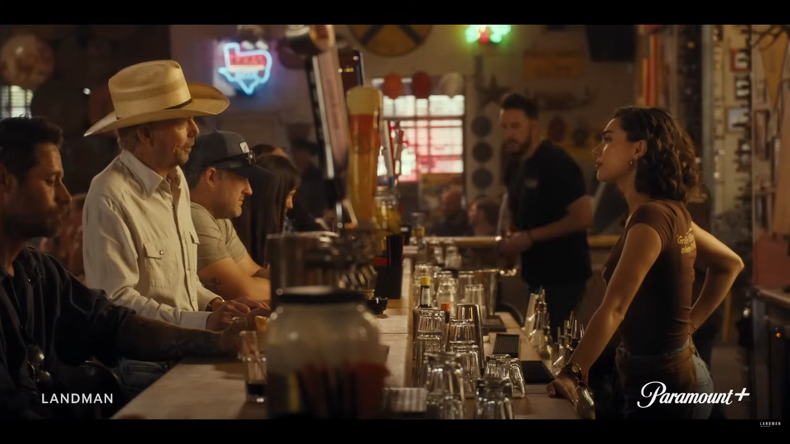 Tommy Norris and Ariana at the Patch Cafe in “Landman” Season 2.