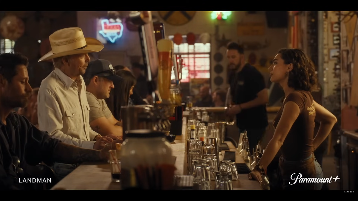 Tommy Norris and Ariana at the Patch Cafe in “Landman” Season 2.