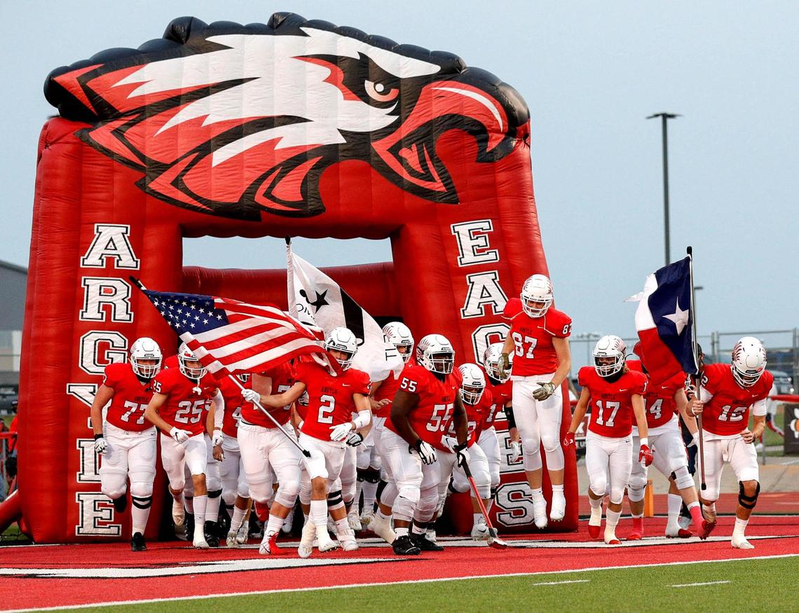 The Argyle Eagles enter the field to face Waco La Vega, Friday night, September 18, 2020 played at Argyle High School in Argyle, Tx. (Steve Nurenberg Special to the Star-Telegram)