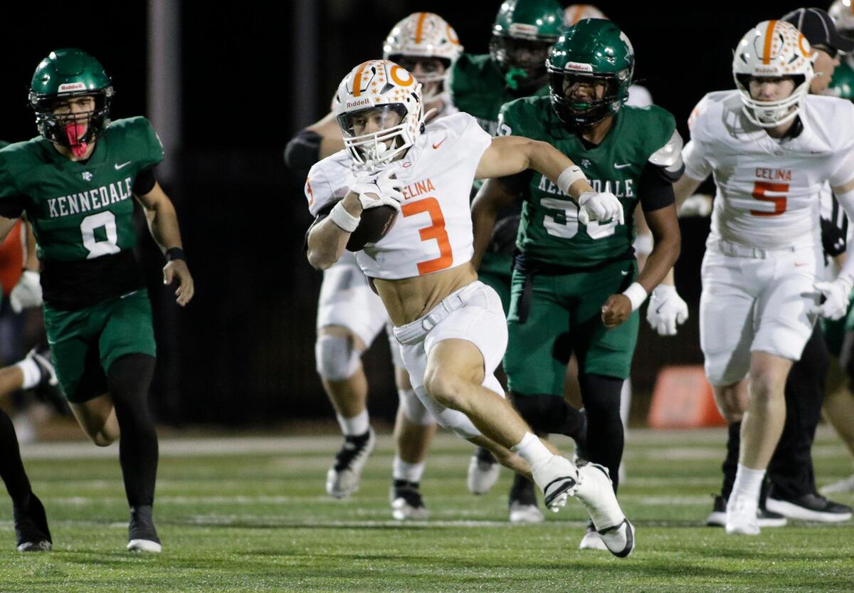 Celina’s Logan Gutierrez take the opening kickoff back for a big gain during a UIL football playoff game at Pennington Field on Friday November 22, 2024.