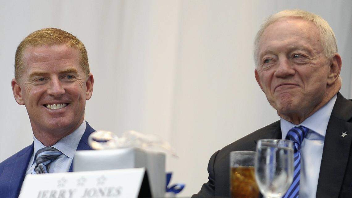 Dallas Cowboys head coach Jason Garrett, left, was second-guessed by owner Jerry Jones for not going for it on 4th and 1 from the Texans’ 42 in overtime Sunday night.