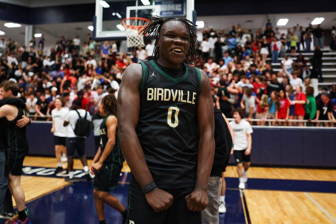 Birdville forward Gabriel Zachariah (0) flexes in celebration after clinching a spot in the state semifinals after a 50-49 UIL Class 5A Division I regional final win against Denton at Flower Mound High School in Flower Mound, Texas, Friday, March 6, 2026.