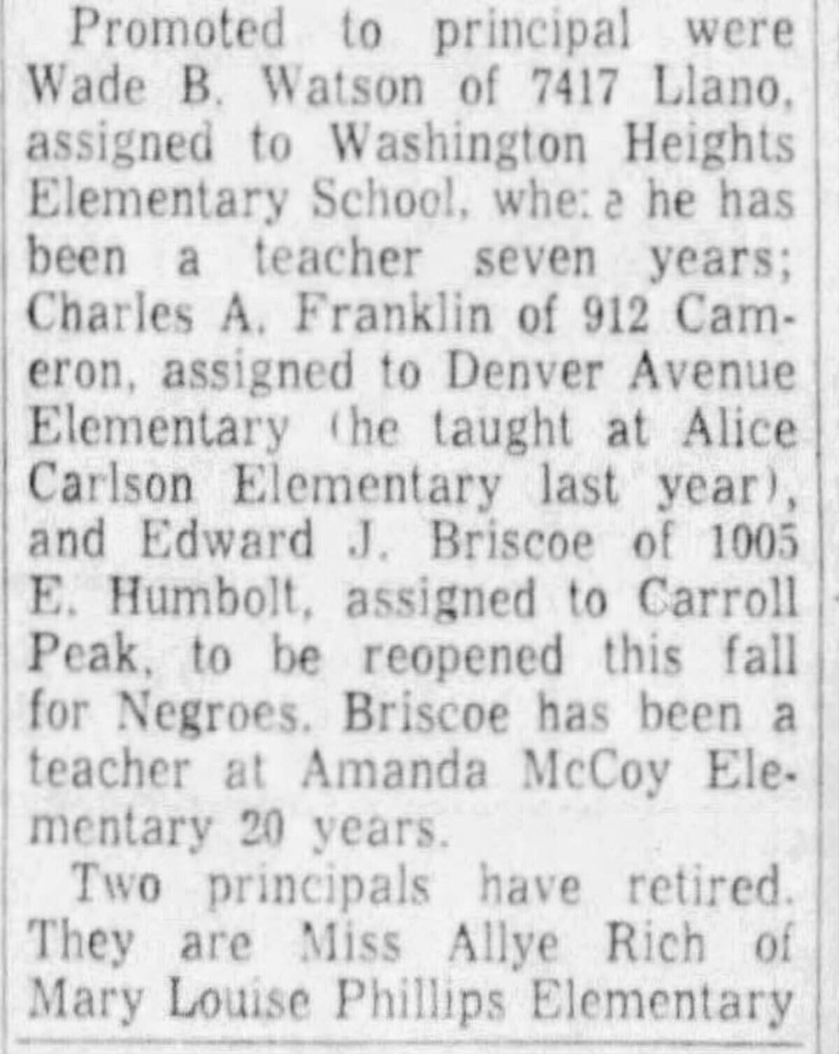 Edward J. Briscoe was named principal of Carroll Peak Elementary School in this clip from the July 11, 1957, edition of the Fort Worth Star-Telegram.