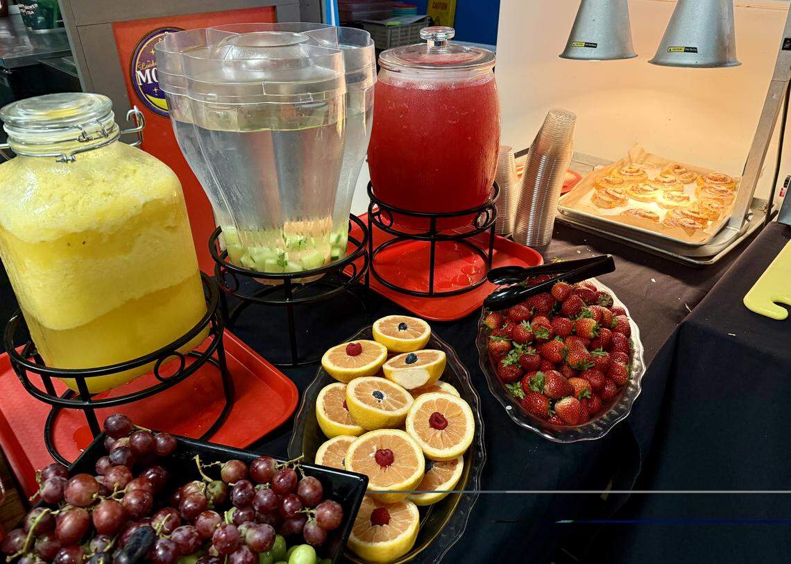 Juices, fruit and biscuits, right, are on the weekend breakfast buffet at Beacon Cafe along with omelets, waffles and pancakes, seen Aug. 24, 2025.