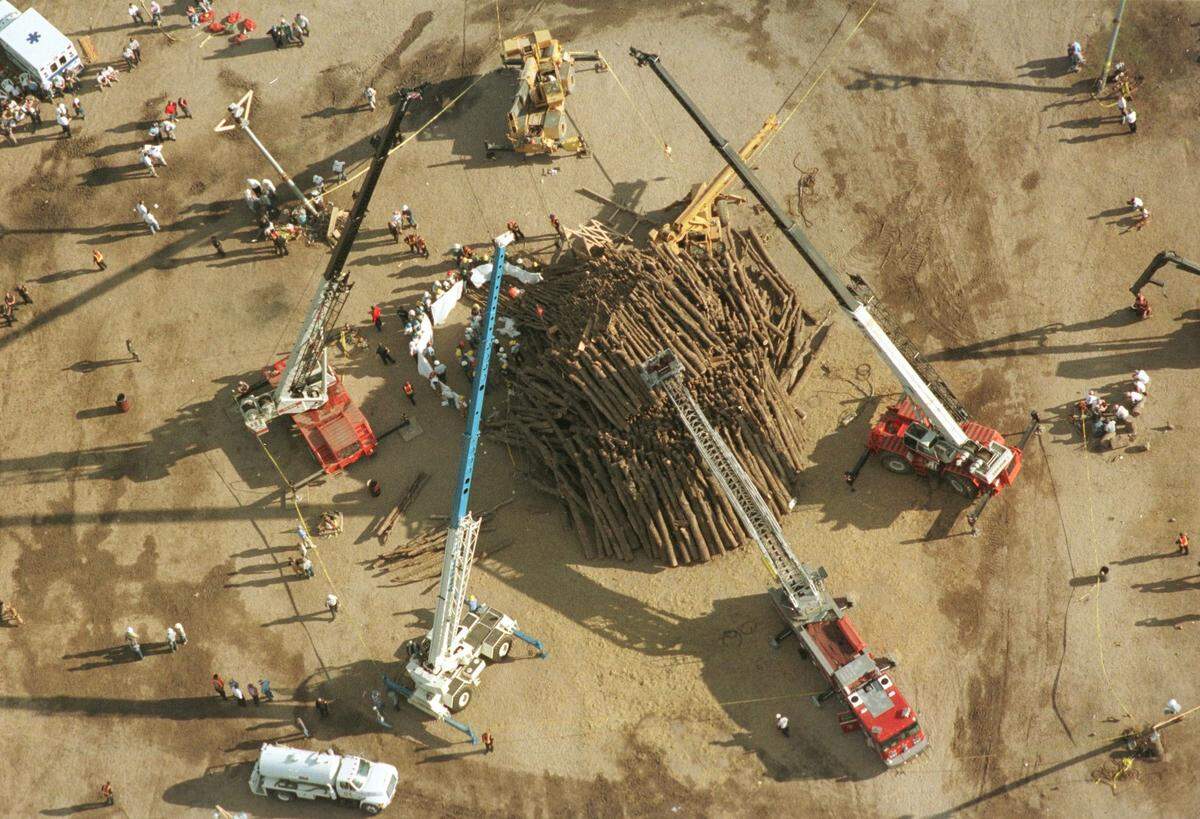The collapsed bonfire at Texas A&M in College Station that killed 12 on Nov. 18, 1999.