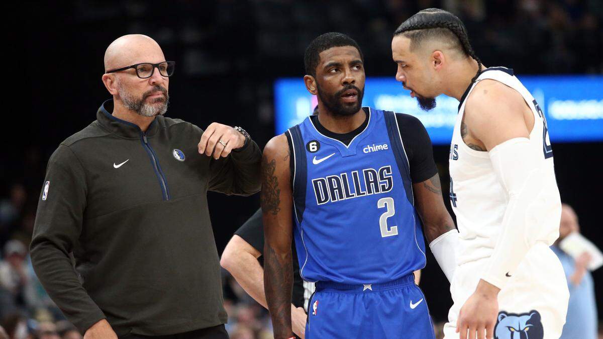 Dallas Mavericks owner Mark Cuban said on Wednesday that he wants head coach Jason Kidd (left) and guard Kyrie Irving (2) to return for the 2023-24 season. Irving can be a free agent this summer.