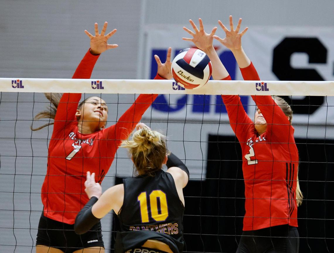 Colleyville Heritage’s Amagine Gardner (7) and Audrey Popp (2) block the shot of Liberty Hill’s Annie Witt (10) in game 3 of the best 3 of 5 games at Culwell Center in Garland, Texas, Friday, Nov. 17, 2023. The Colleyville Heritage Panthers went down 3-1.
