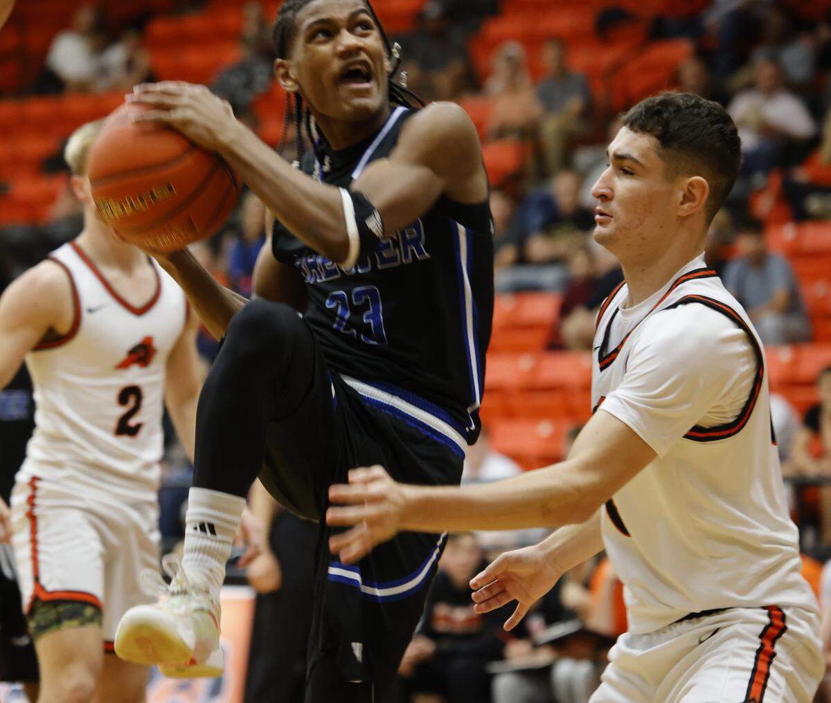 Brewer guard Tyrique Loyd (23) goes up for a shot against Aledo during the first half of a UIL boys basketball game at Aledo High School in Aledo, Texas, Friday Feb. 13, 2026.