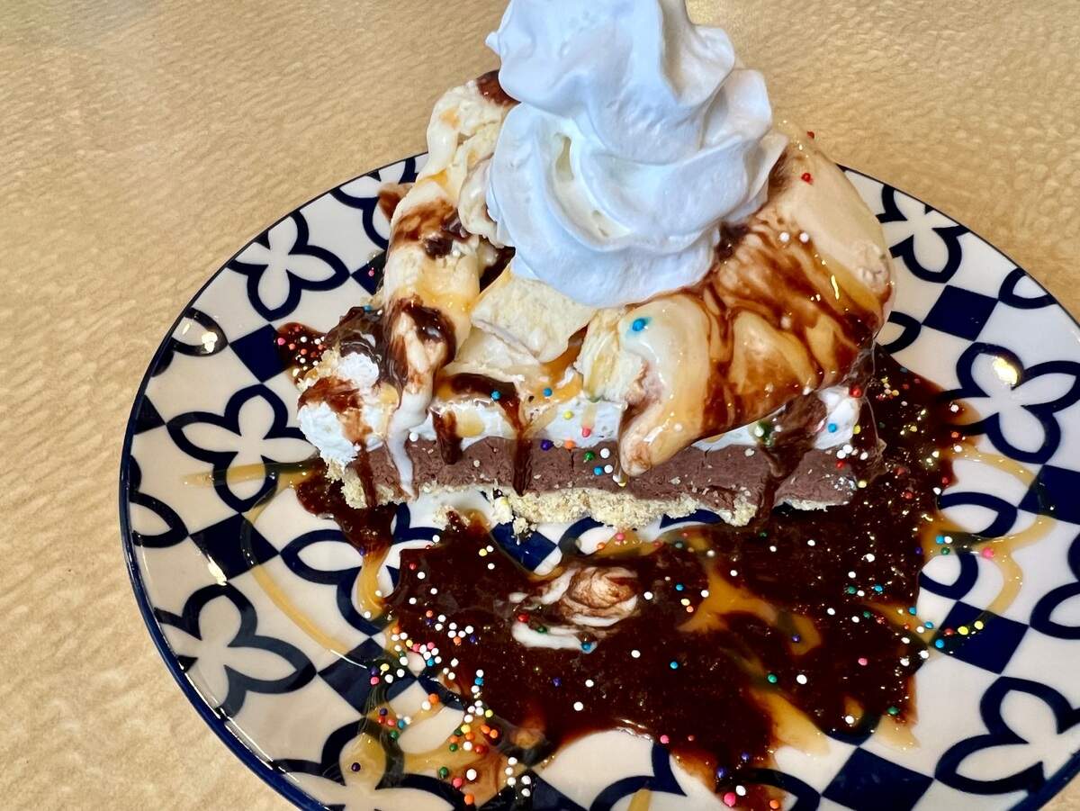 Chocolate “pie” at the Original Chop House Burgers turned out to be a chocolate sundae with sprinkles atop pie on a July 19, 2023 visit.