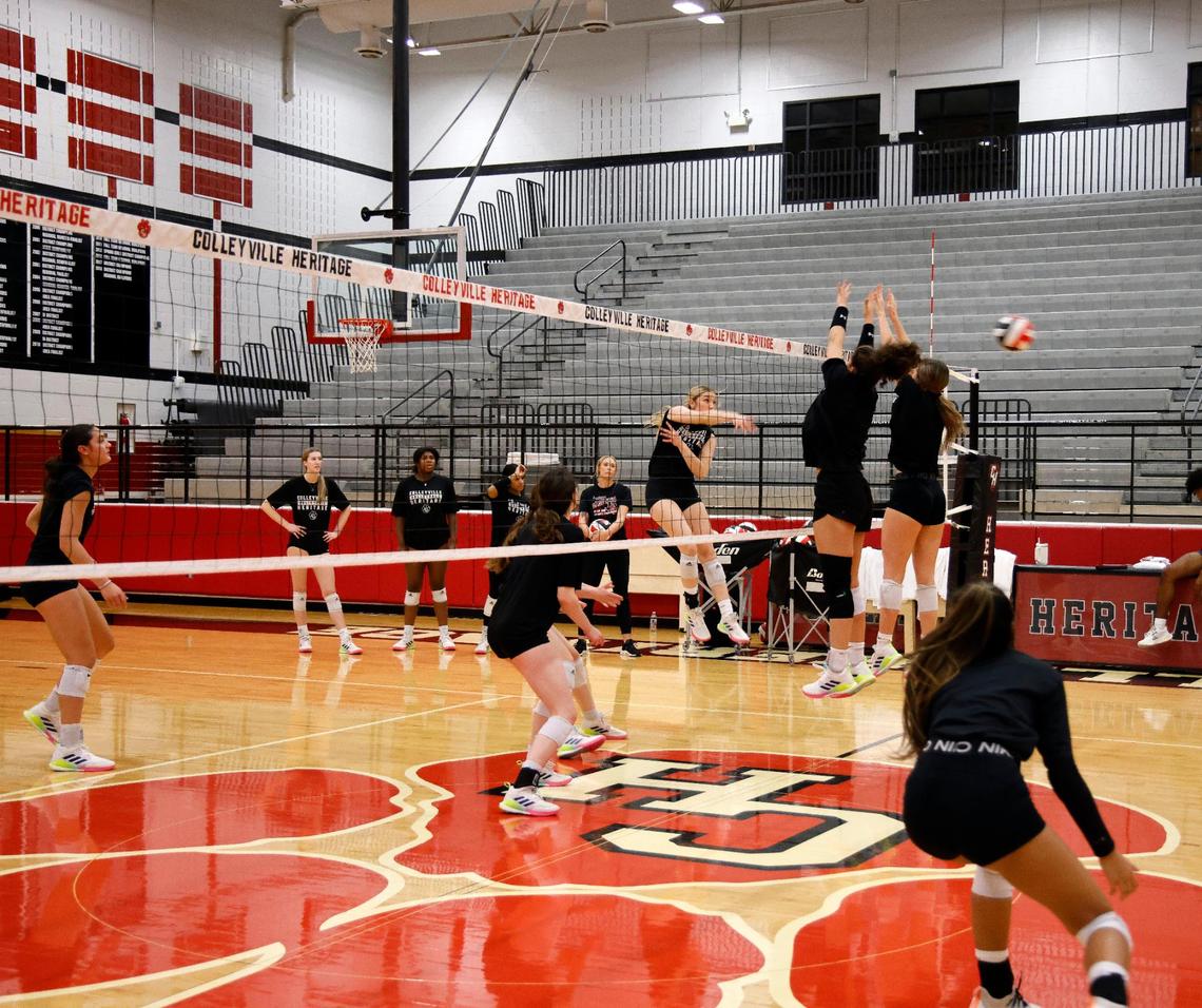 The Panthers work during volleyball practice for the state semifinals at Colleyville Heritage High School in Colleyville, Texas, Wednesday, Nov. 15, 2023.