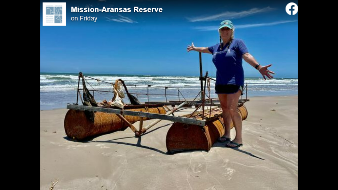 A homemade raft washed up along the Texas Gulf Coast.