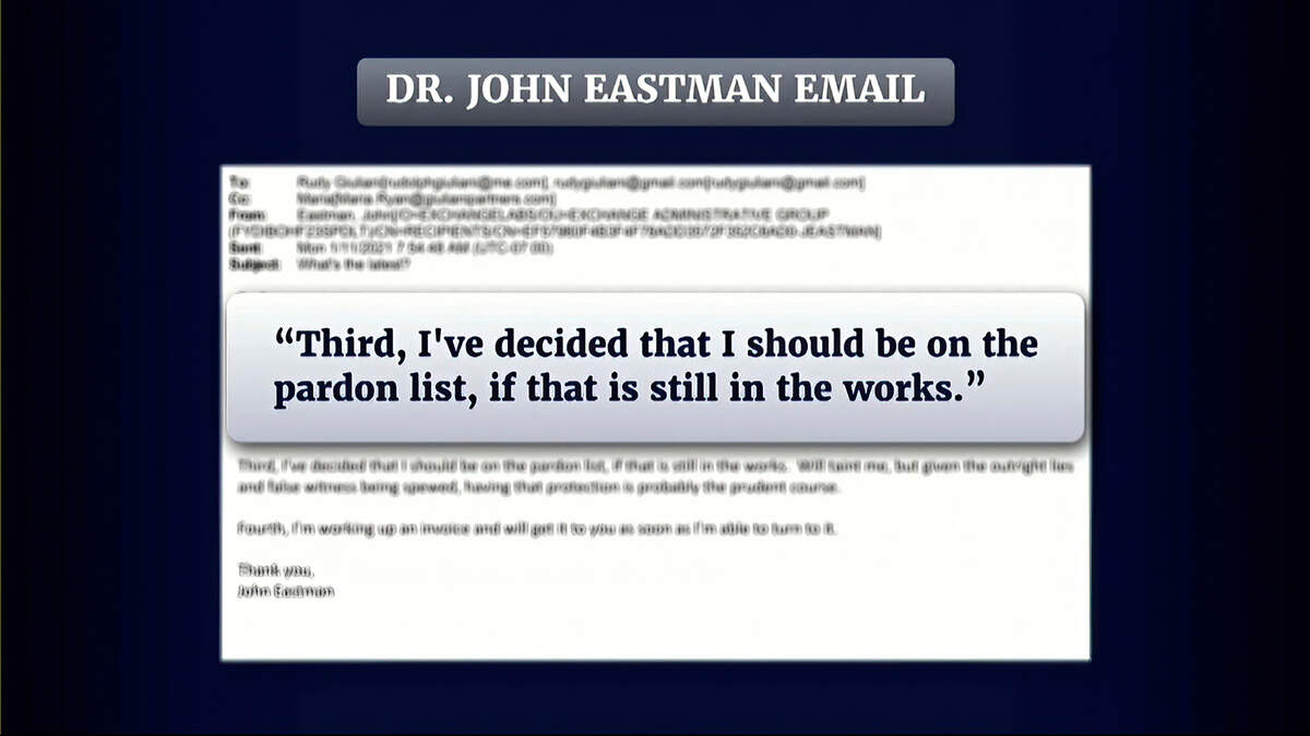 In this image from video released by the House Select Committee, an exhibit of an email by John Eastman, the former President Donald Trump legal advisor, is displayed Thursday during the Jan. 6 Committee’s hearings on the attack on the U.S. Capitol.