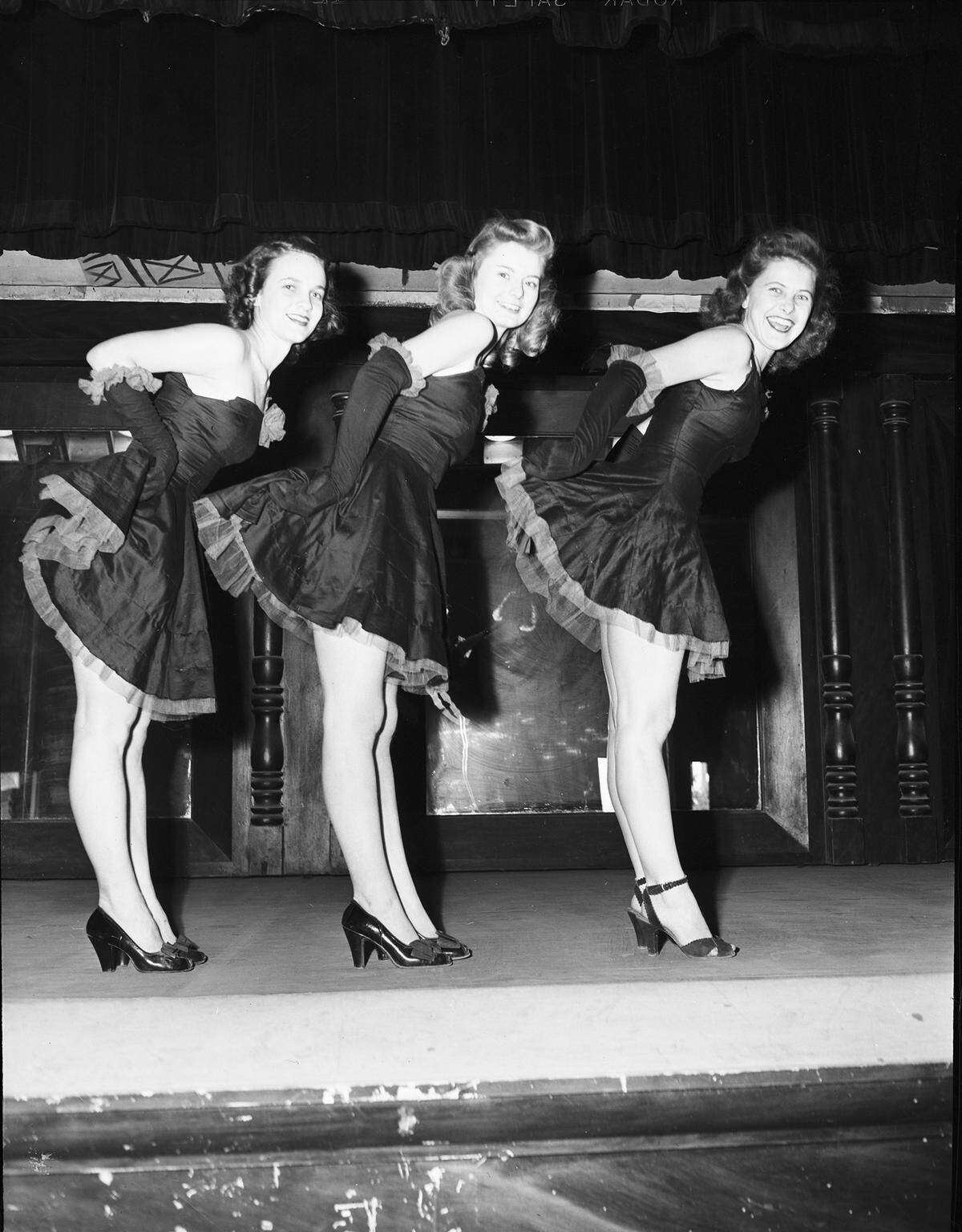 Feb. 6, 1946: “One of the principal events of Ranch Week festivities at TCU will be the annual ‘Cowtown Cabaret,’ which will be staged at Pioneer Palace on Thursday night. Can-can dancers, left to right, Pauline Jones of Eldorado, Patty Cosby of Dallas and Lottie Owens of Ozona.”