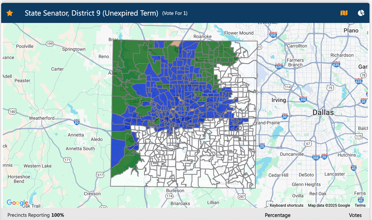 A precinct map on the Tarrant County Elections Administration website shows the election results in the Special Election for Senate District 9. Democrat Taylor Rehmet is represented in dark blue and Republican Leigh Wambsgass in green.
