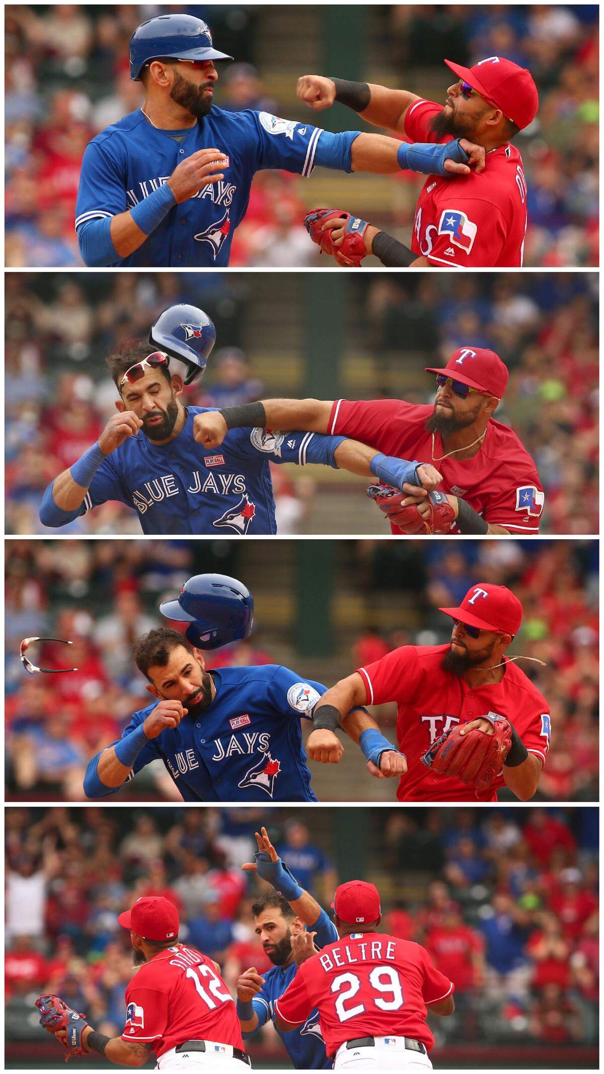 Rougned Odor clocked Jose Bautista during a game on May 15, 2016 at Globe Life Park.