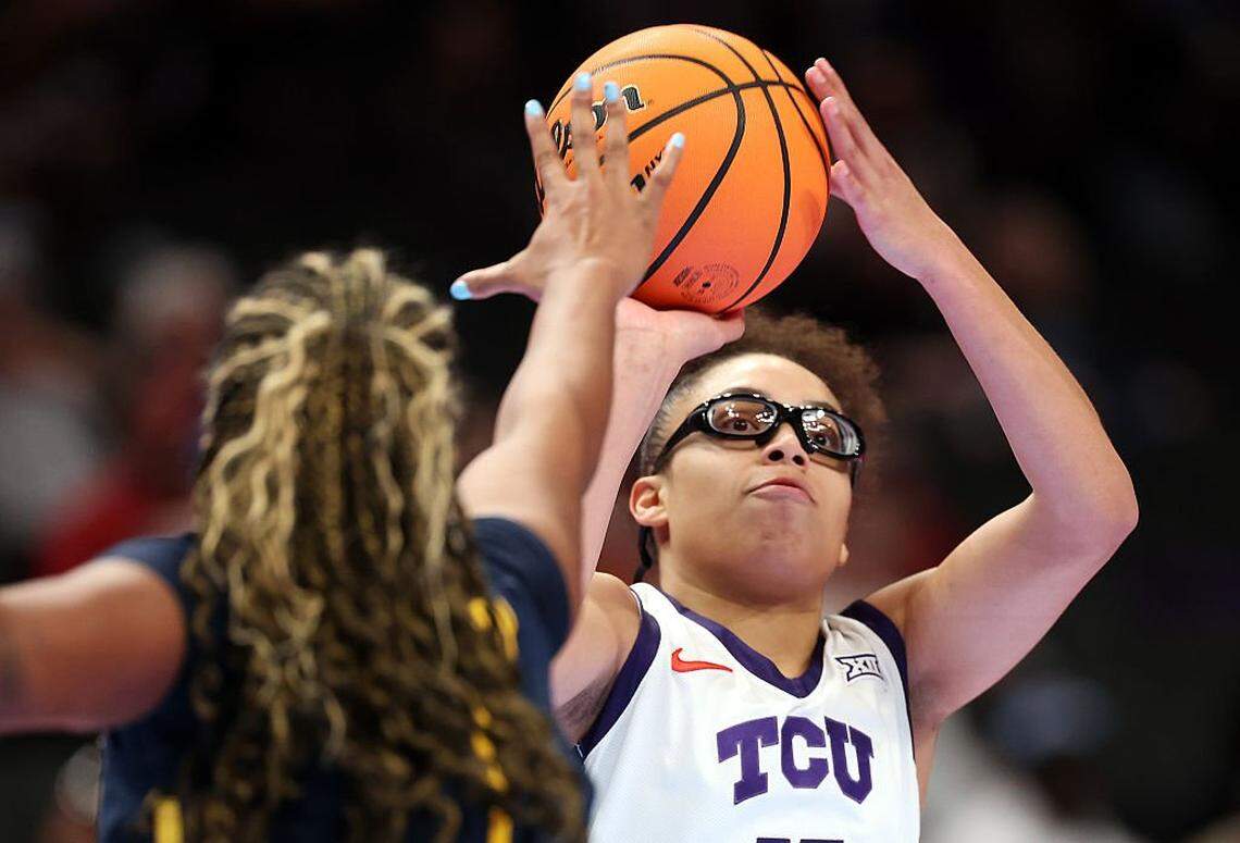KANSAS CITY, MISSOURI - MARCH 08: Olivia Miles #5 of the TCU Horned Frogs shoots during the championship game of the 2026 Big 12 Women's Tournament against the West Virginia Mountaineers at T-Mobile Center on March 08, 2026 in Kansas City, Missouri. (Photo by Jamie Squire/Getty Images)