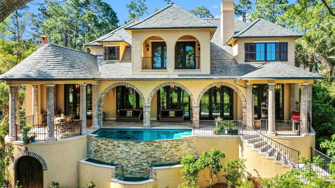 Back of the large, elegant estate