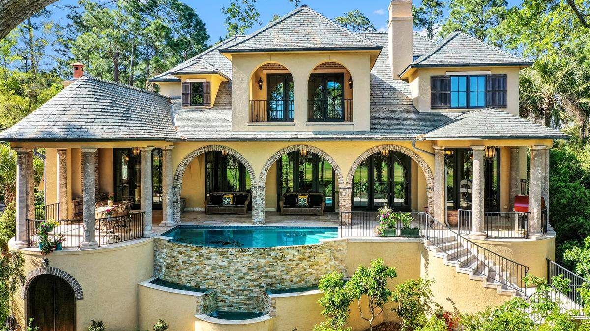 Back of the large, elegant estate