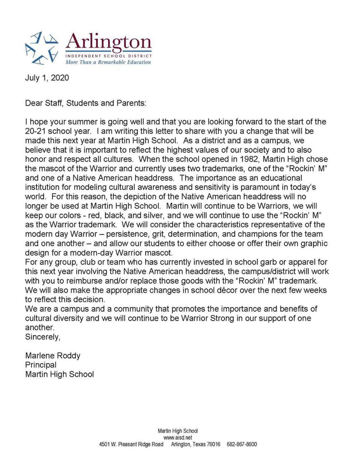 A copy of the email sent by James Martin High School Principal Marlene Roddy Tuesday.