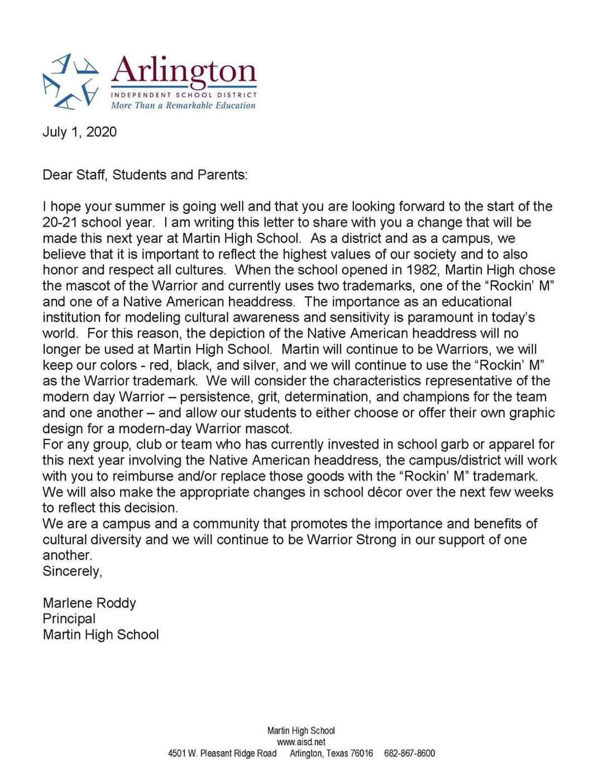 A copy of the email sent by James Martin High School Principal Marlene Roddy Tuesday.