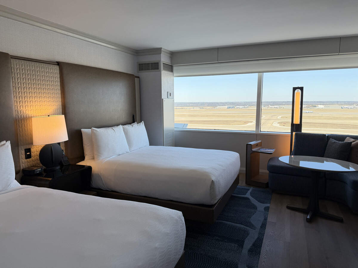A newly renovated two-bed guestroom at the DFW Grand Hyatt.