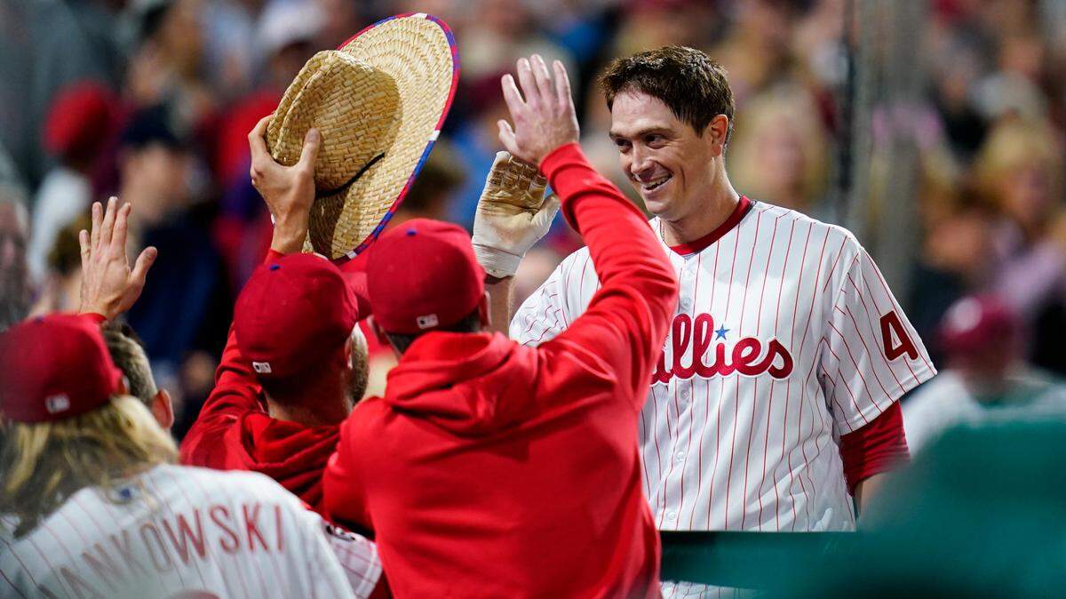 Philadelphia Phillies’ Kyle Gibson celebrates his first-career home run on Sept. 24. The former Texas Rangers pitcher was traded at the July deadline.