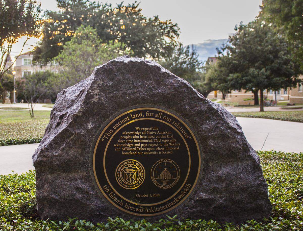 The TCU Land Acknowledgement monument is a 3-foot-tall granite boulder conveying the message that the surrounding grounds were once Native land.
