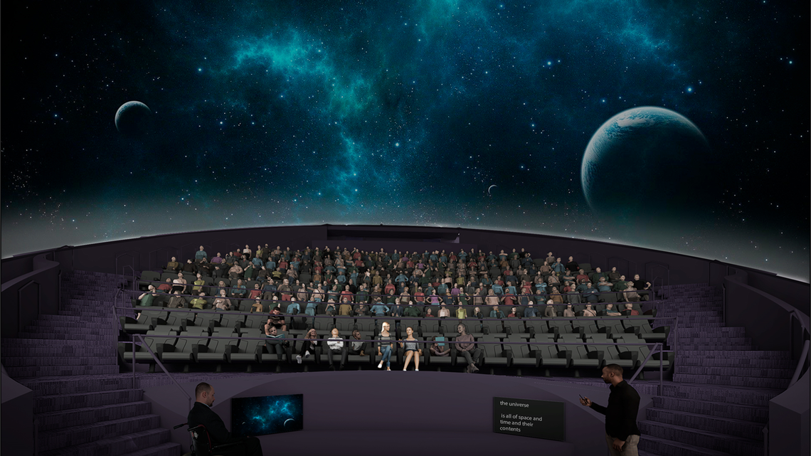 Representación del nuevo Jane & John Justin Foundation Omni Theater, que sustituye un proyector IMAX por paneles LED digitales 8K en la cúpula del cine.