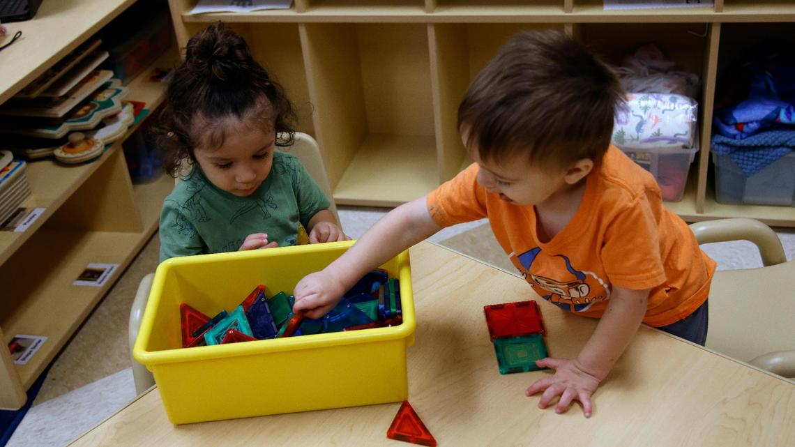 Children played with building blocks in their classroom at the Rosie K. Mauk Child Development Center in Fort Worth in this Sept. 13, 2023, archive photo. A partnership between Tarrant County and the college district will open new child care centers on two TCC campuses next year.